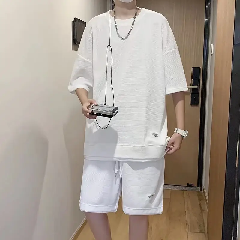 Orange Waffle Loose Sleeve Shorts Set for Men — feature 38