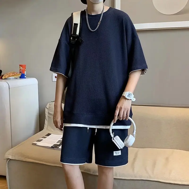 Orange Waffle Loose Sleeve Shorts Set for Men — feature 7