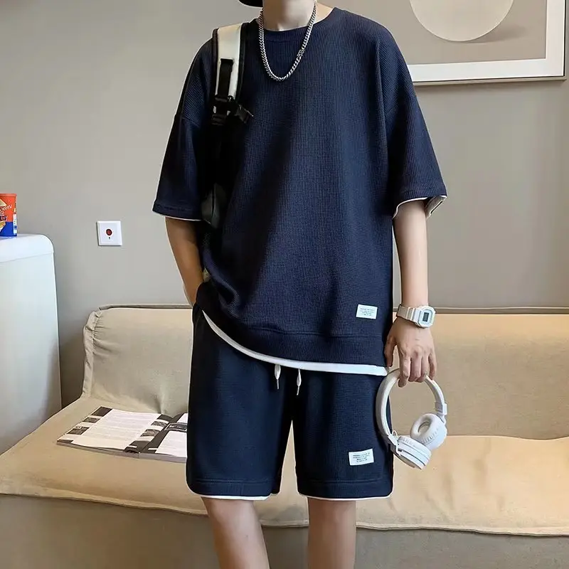Orange Waffle Loose Sleeve Shorts Set for Men — feature 8