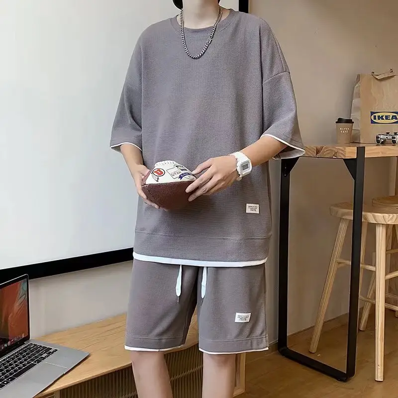 Orange Waffle Loose Sleeve Shorts Set for Men — feature 9