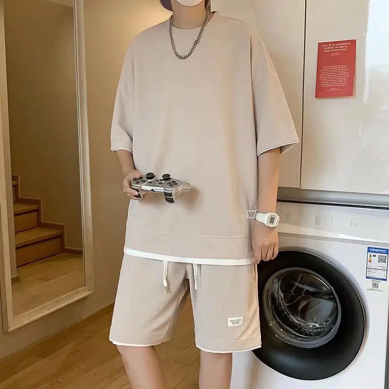 Orange Waffle Loose Sleeve Shorts Set for Men - Image 4