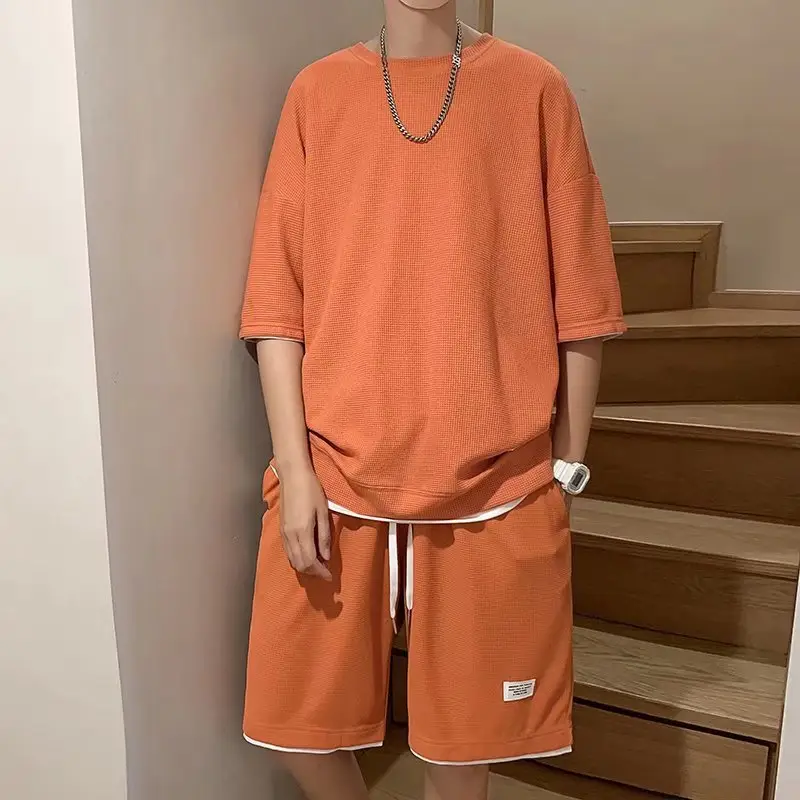 Orange Waffle Loose Sleeve Shorts Set for Men - Image 5