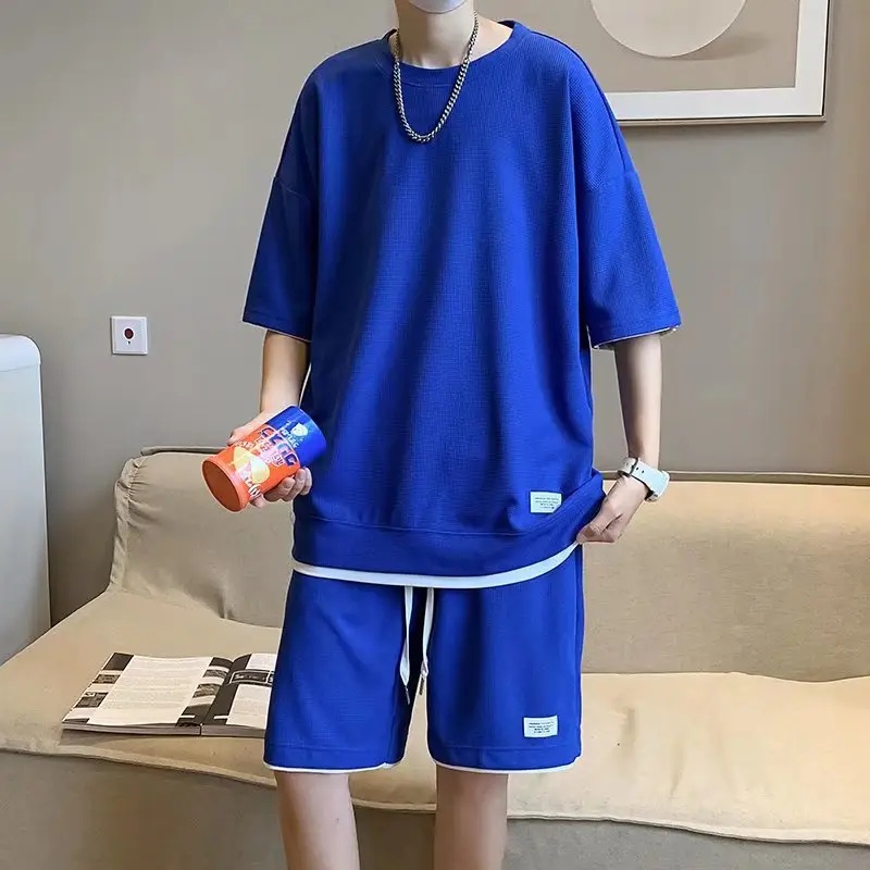 Orange Waffle Loose Sleeve Shorts Set for Men - Image 6