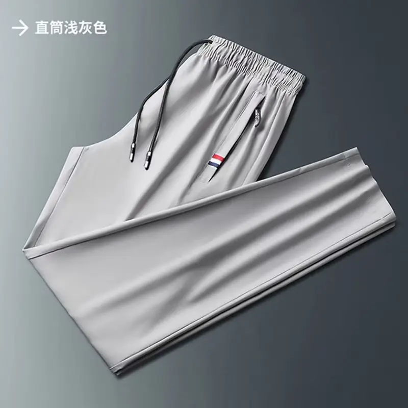 Men Ice Silk Straight Pants Silver Black Summer Double Zip - Image 3