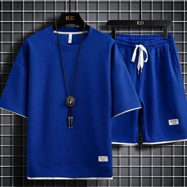 Men Black Waffle Casual Shorts Set Plus Size - Image 6