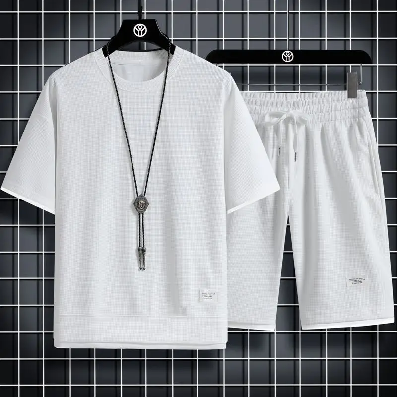 Men Black Waffle Casual Shorts Set Plus Size - Image 7