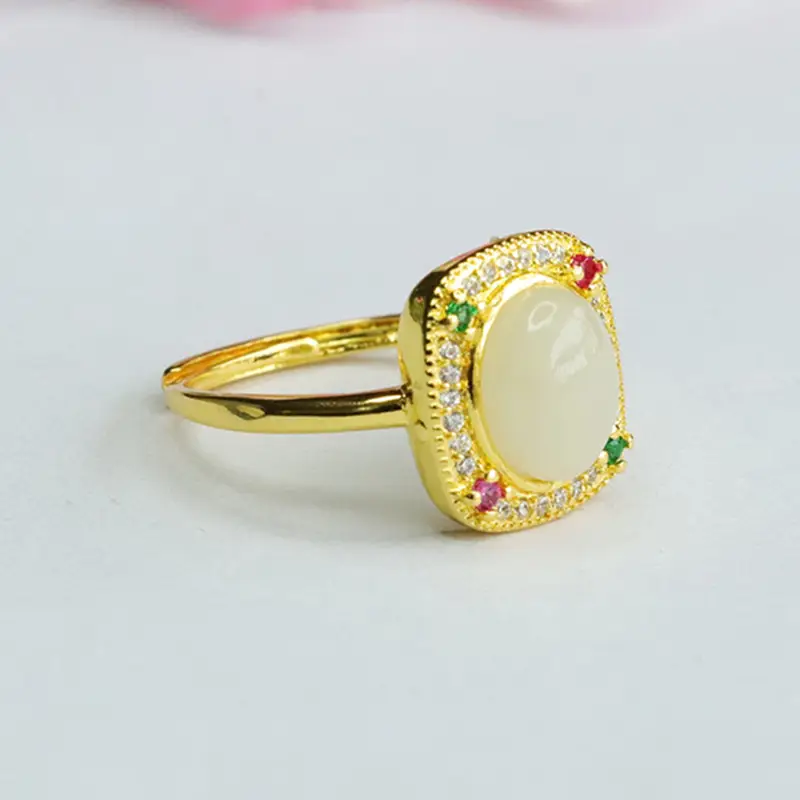Guan Yu Natural Hetian Jade Ring Square Adjustable Gold