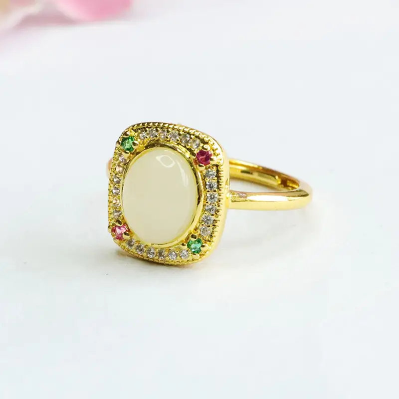 Guan Yu Natural Hetian Jade Ring Square Adjustable Gold