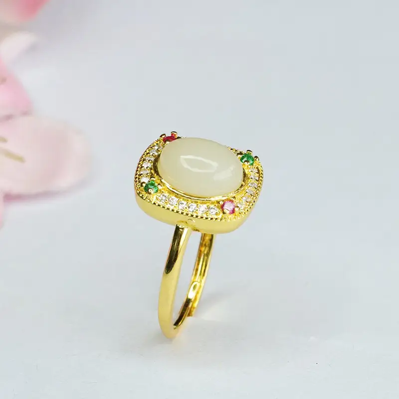 Guan Yu Natural Hetian Jade Ring Square Adjustable Gold