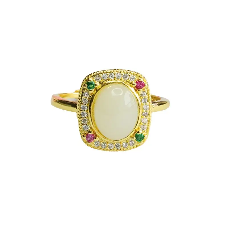 Guan Yu Natural Hetian Jade Ring Square Adjustable Gold