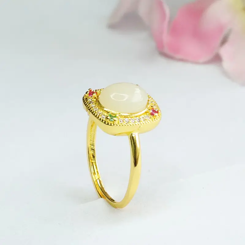 Guan Yu Natural Hetian Jade Ring Square Adjustable Gold — feature 11