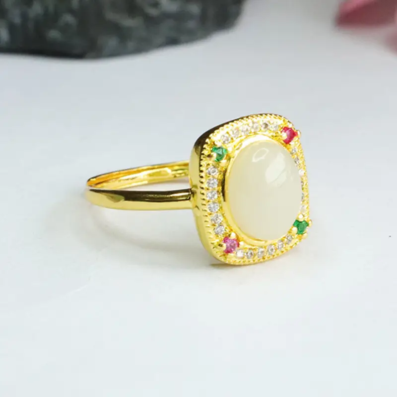 Guan Yu Natural Hetian Jade Ring Square Adjustable Gold — feature 8