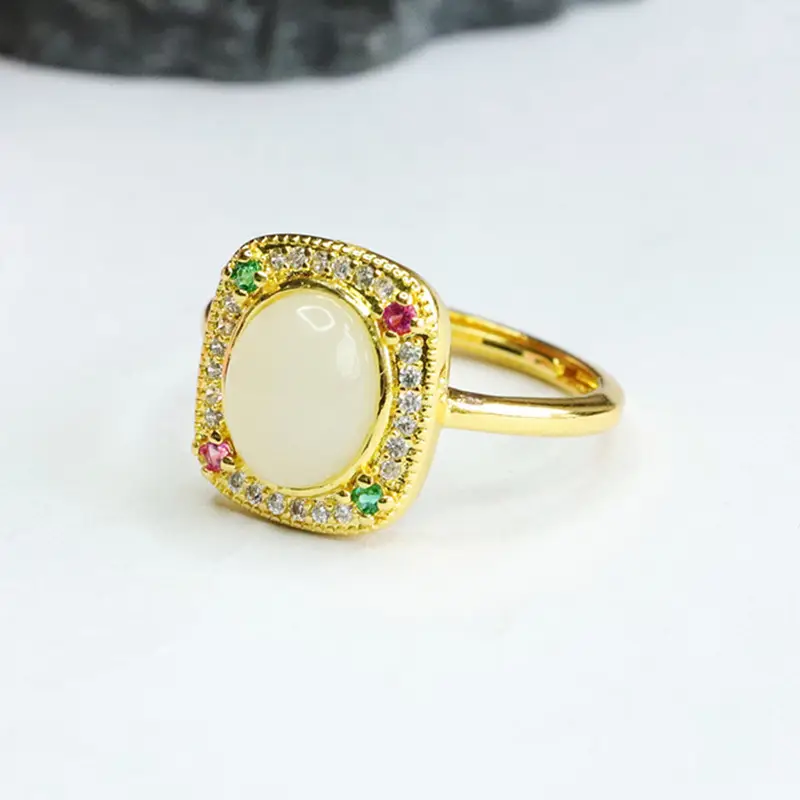 Guan Yu Natural Hetian Jade Ring Square Adjustable Gold — feature 9