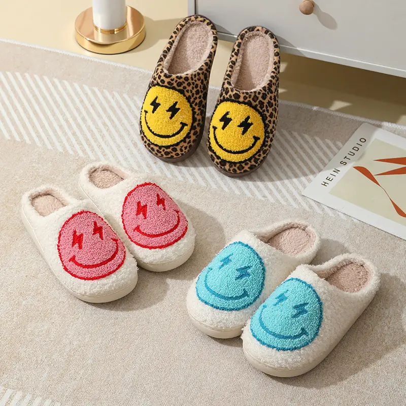 Cross-border Winter Lightning smiley face cotton slippers wholesale women's indoor household non-slip home autumn and winter warm slippers - Image 10