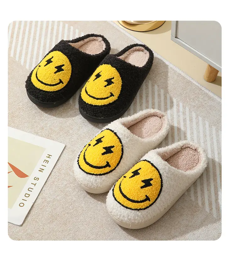 Cross-border Winter Lightning smiley face cotton slippers wholesale women's indoor household non-slip home autumn and winter warm slippers — feature 14