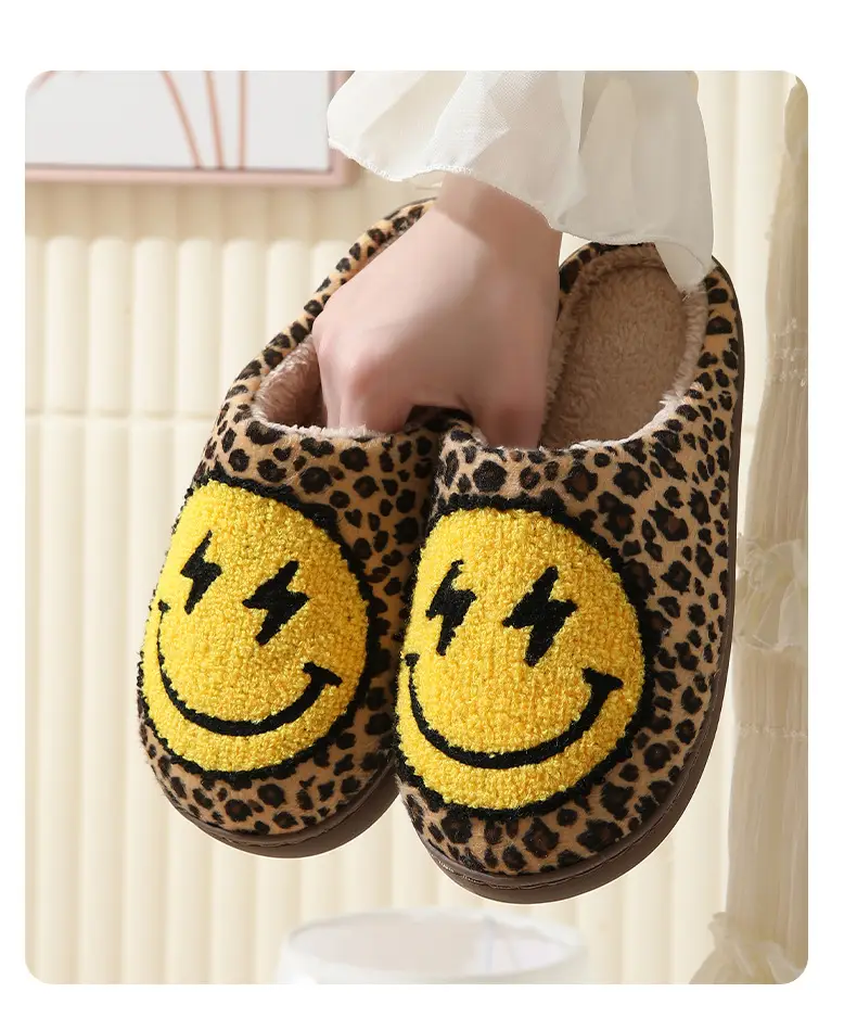 Cross-border Winter Lightning smiley face cotton slippers wholesale women's indoor household non-slip home autumn and winter warm slippers — feature 15
