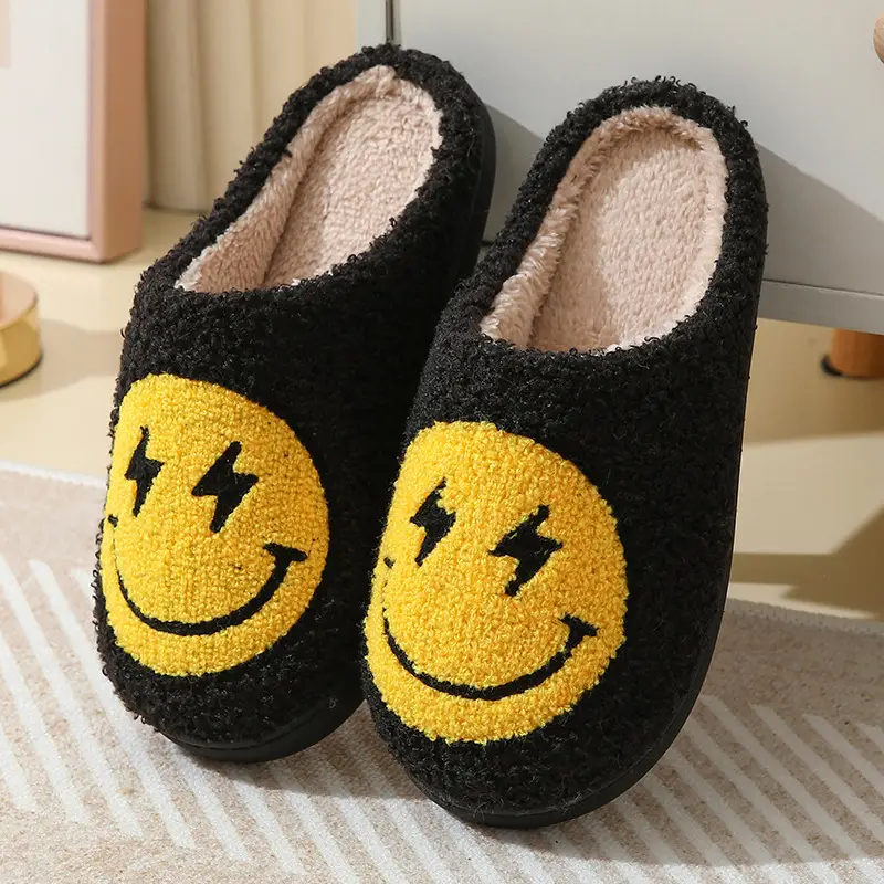 Cross-border Winter Lightning smiley face cotton slippers wholesale women's indoor household non-slip home autumn and winter warm slippers - Image 8