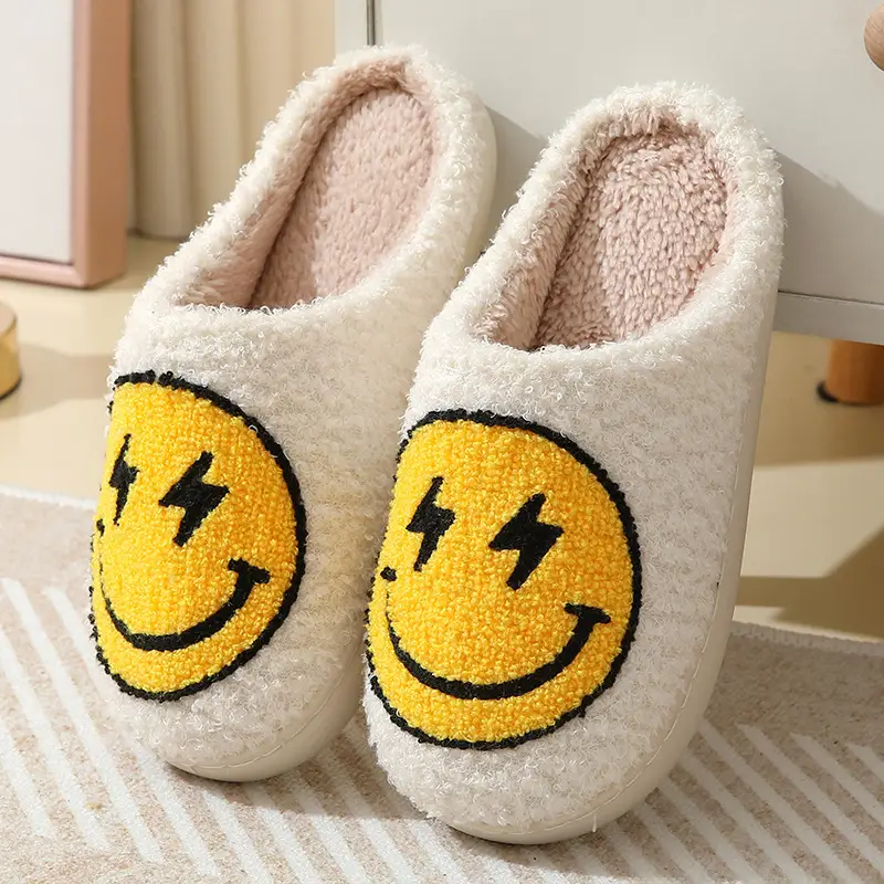 Cross-border Winter Lightning smiley face cotton slippers wholesale women's indoor household non-slip home autumn and winter warm slippers - Image 2