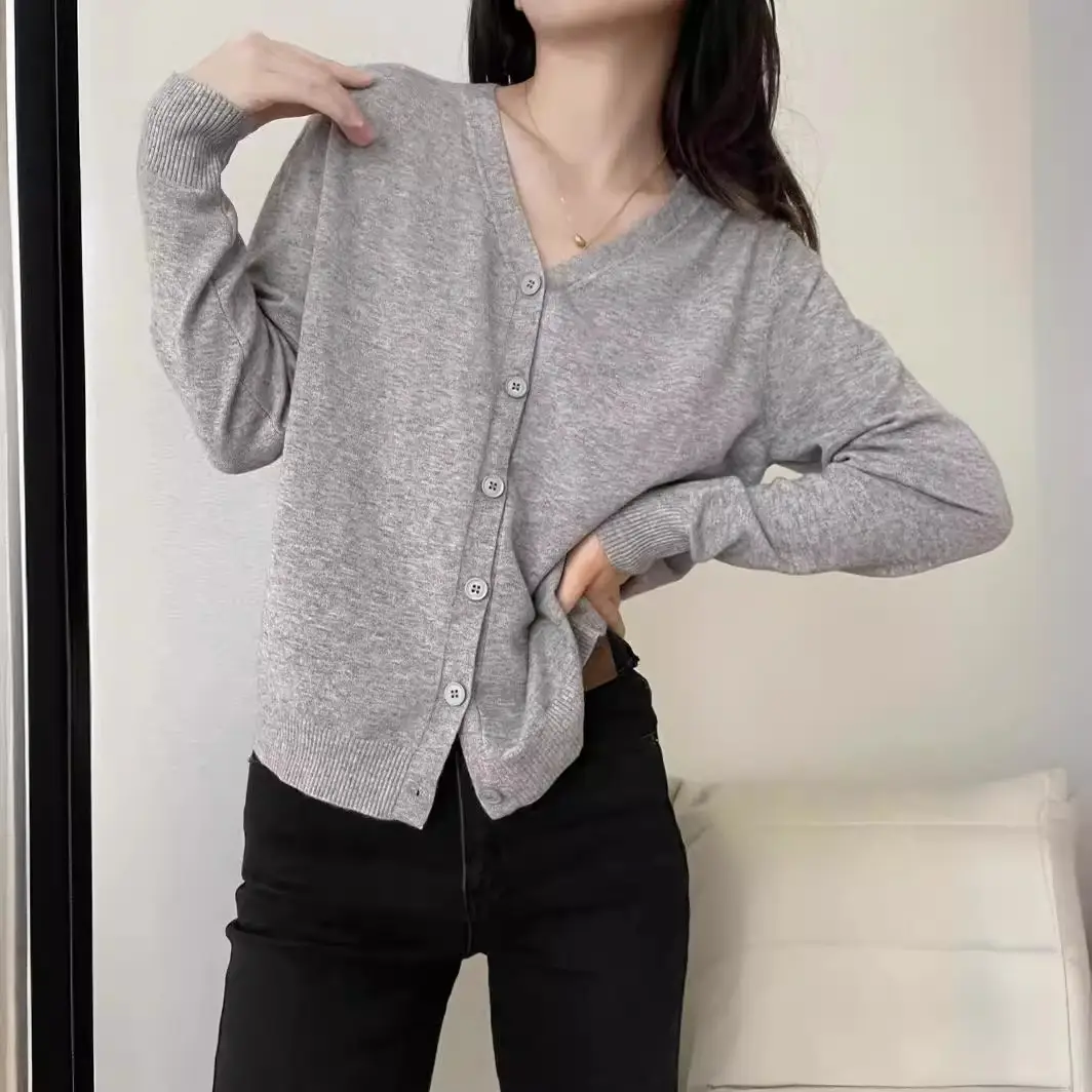 V-neck single-breasted knitted cardigan women's solid color sweater women's coat autumn and winter New lazy style loose coat women