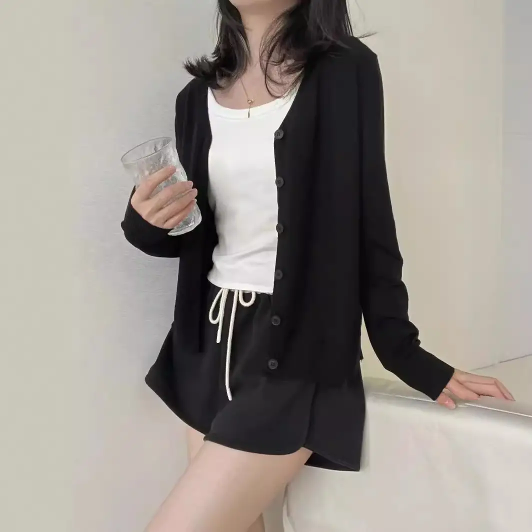 V-neck single-breasted knitted cardigan women's solid color sweater women's coat autumn and winter New lazy style loose coat women