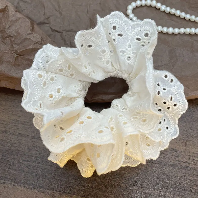 French Lace Hair Ring Beige Black Embroidered Cut Out