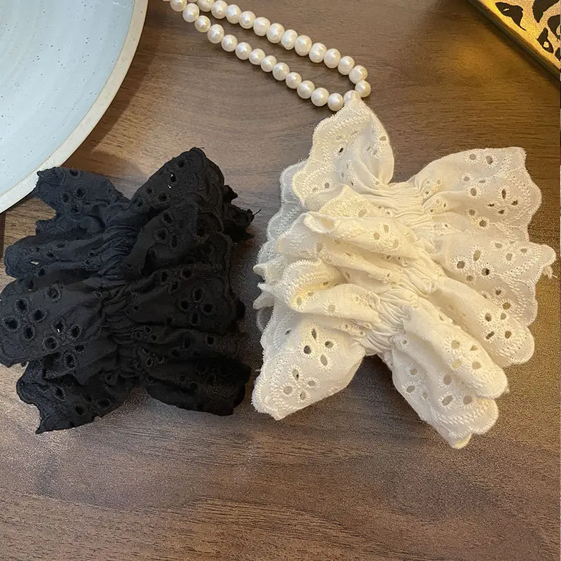 French Lace Hair Ring Beige Black Embroidered Cut Out