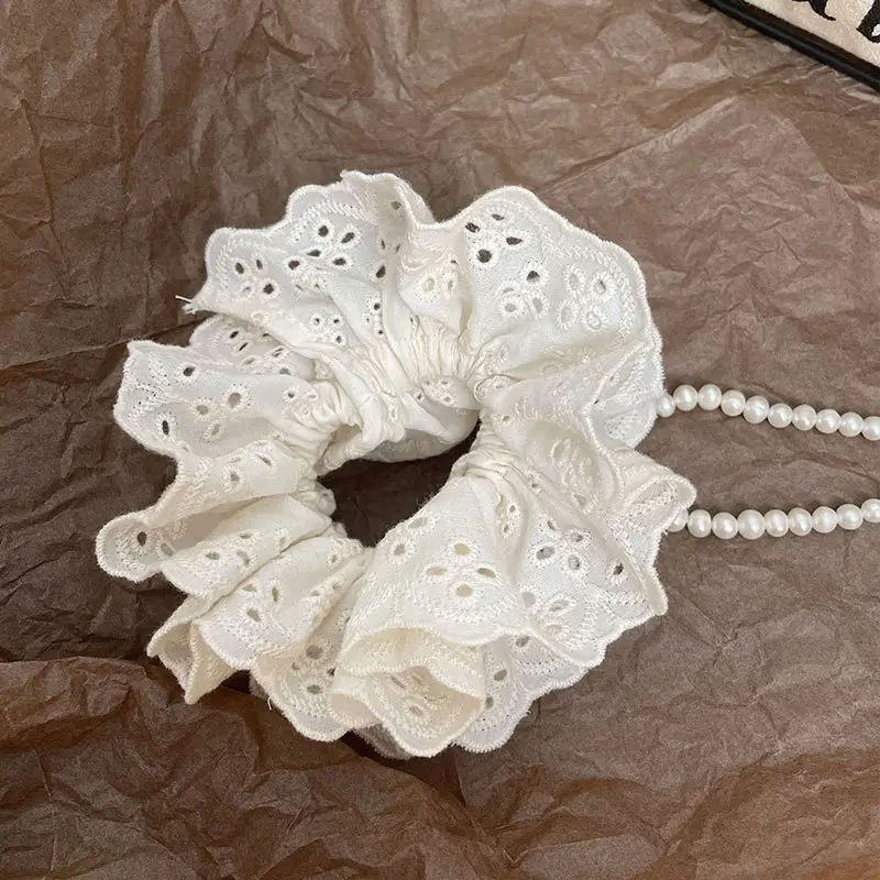 French Lace Hair Ring Beige Black Embroidered Cut Out