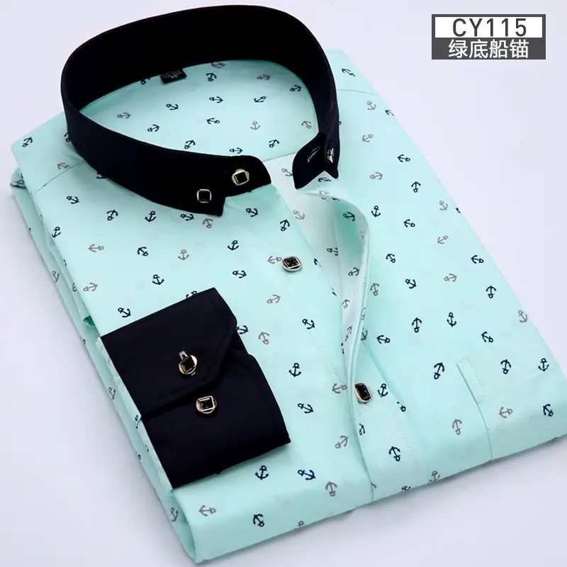 New Men Printed Long Sleeve Shirt Blue Slim Fit Casual All Match - Image 13