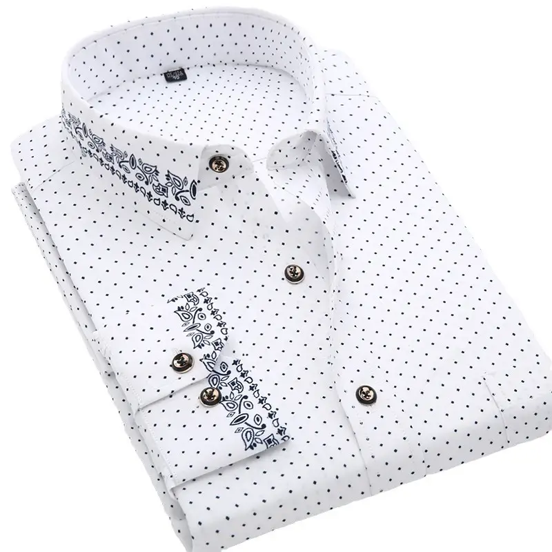 New Men Printed Long Sleeve Shirt Blue Slim Fit Casual All Match - Image 16