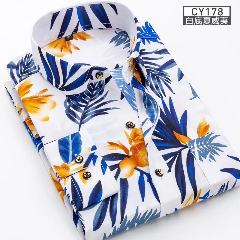 New Men Printed Long Sleeve Shirt Blue Slim Fit Casual All Match - Image 10