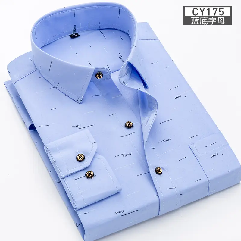 New Men Printed Long Sleeve Shirt Blue Slim Fit Casual All Match - Image 11