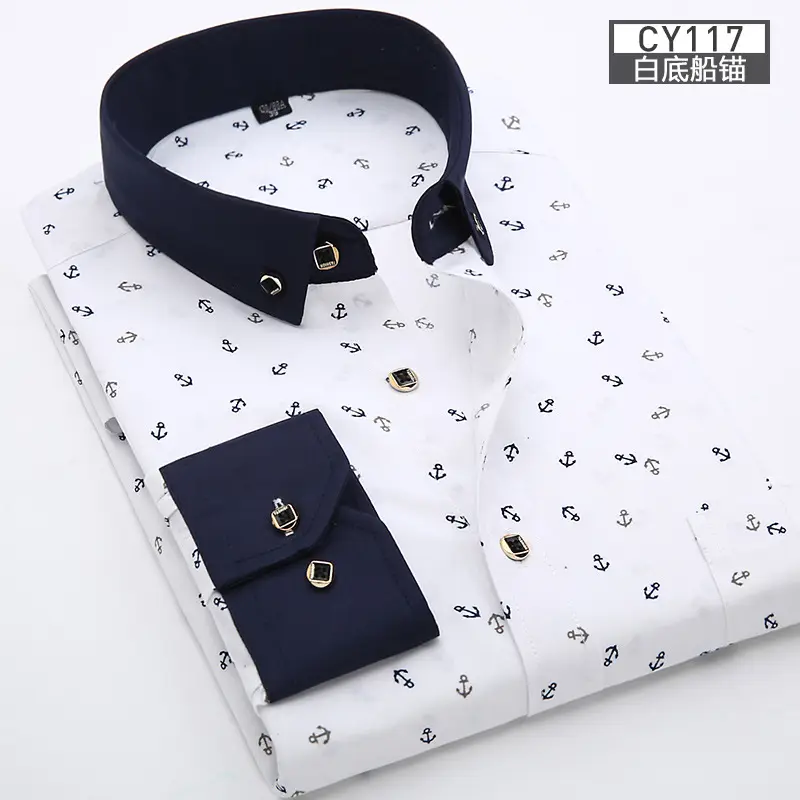 New Men Printed Long Sleeve Shirt Blue Slim Fit Casual All Match - Image 3