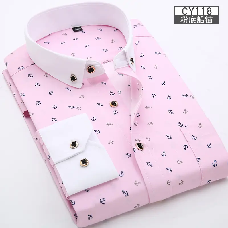 New Men Printed Long Sleeve Shirt Blue Slim Fit Casual All Match - Image 4