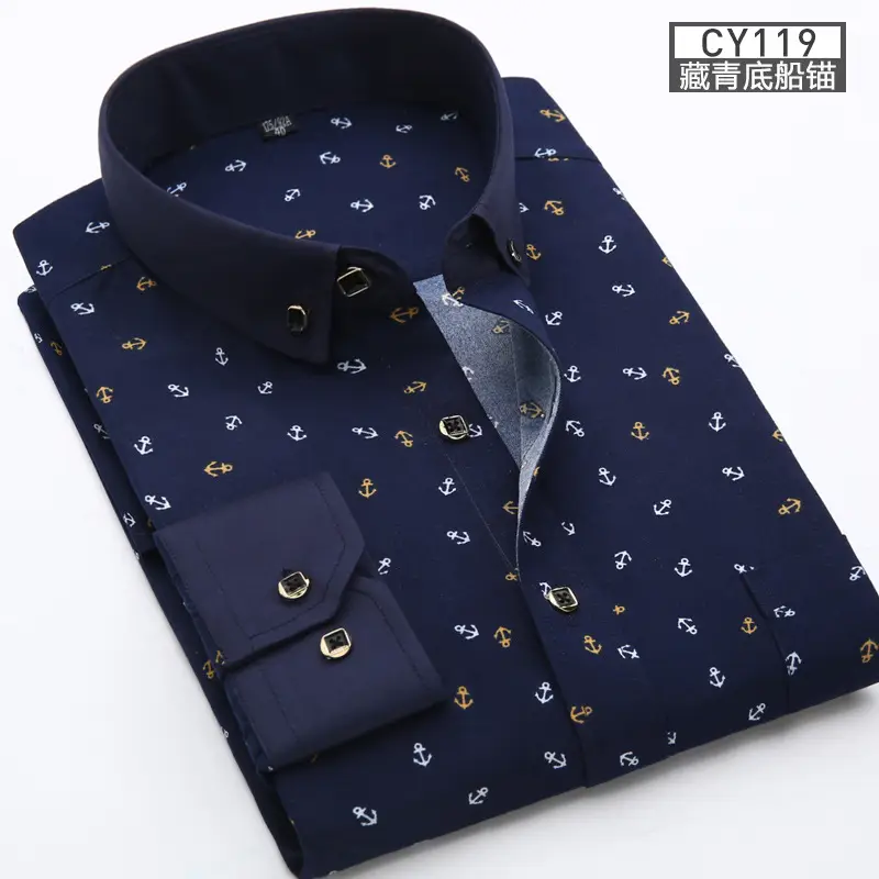 New Men Printed Long Sleeve Shirt Blue Slim Fit Casual All Match - Image 5
