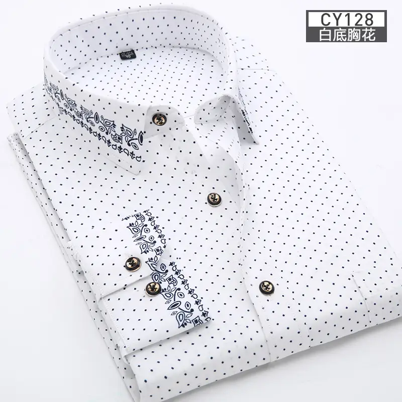 New Men Printed Long Sleeve Shirt Blue Slim Fit Casual All Match - Image 6