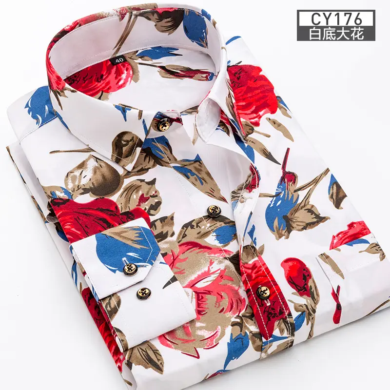 New Men Printed Long Sleeve Shirt Blue Slim Fit Casual All Match - Image 9