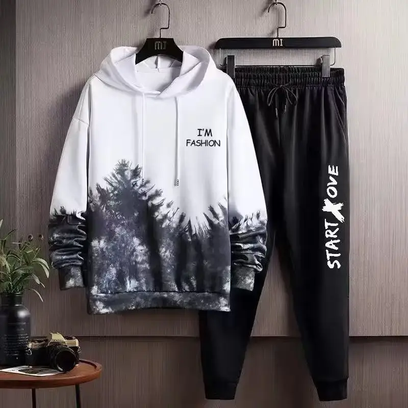 Men's Black Hooded Sweatshirt Set with Drawstring Waist — feature 1