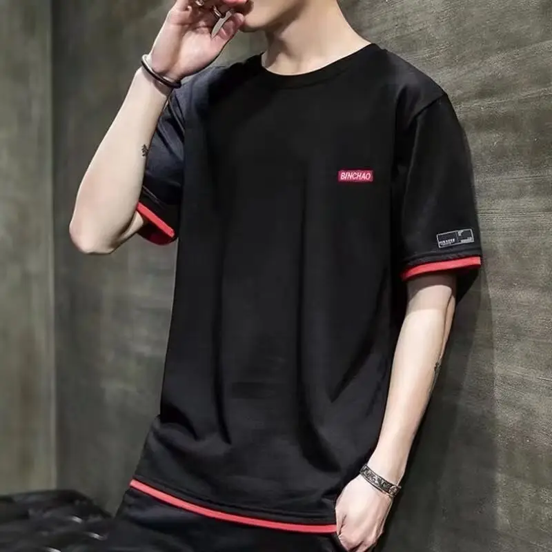 Men Printed T-Shirt Black Red Summer Short Sleeve - Image 4