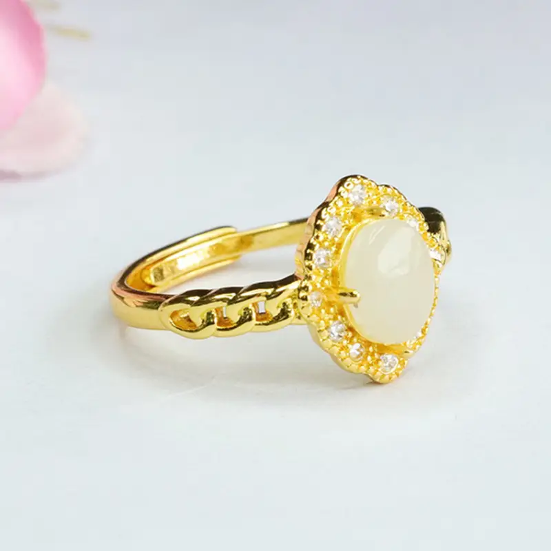 Guan Yu Jade Ring with Crystal Border Adjustable Gold - Image 3