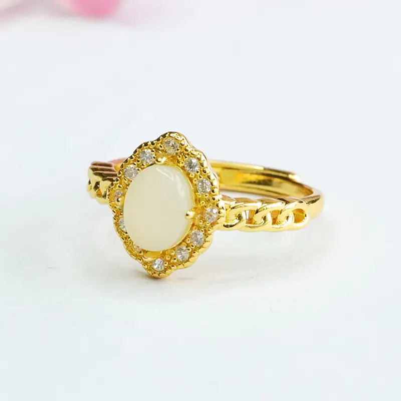 Guan Yu Jade Ring with Crystal Border Adjustable Gold - Image 4