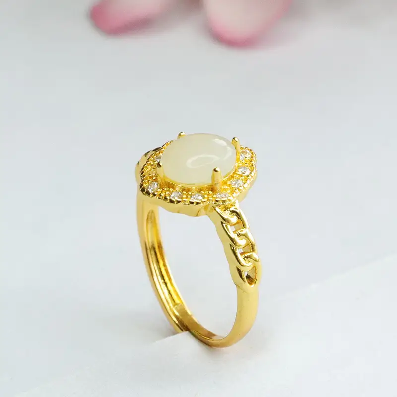 Guan Yu Jade Ring with Crystal Border Adjustable Gold - Image 5