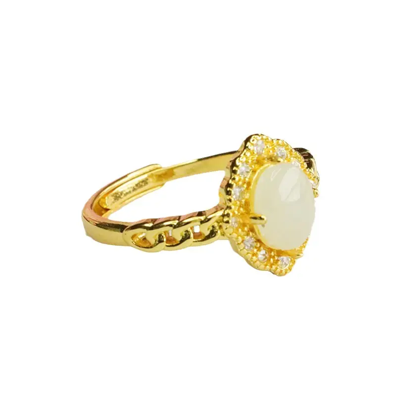 Guan Yu Jade Ring with Crystal Border Adjustable Gold - Image 6