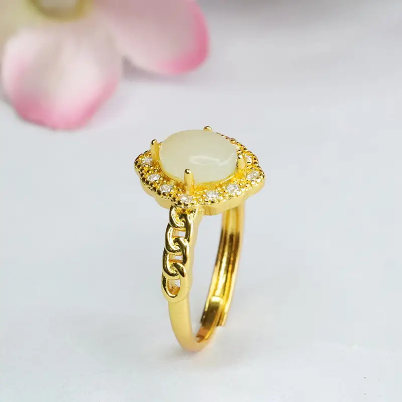 Guan Yu Jade Ring with Crystal Border Adjustable Gold — feature 10