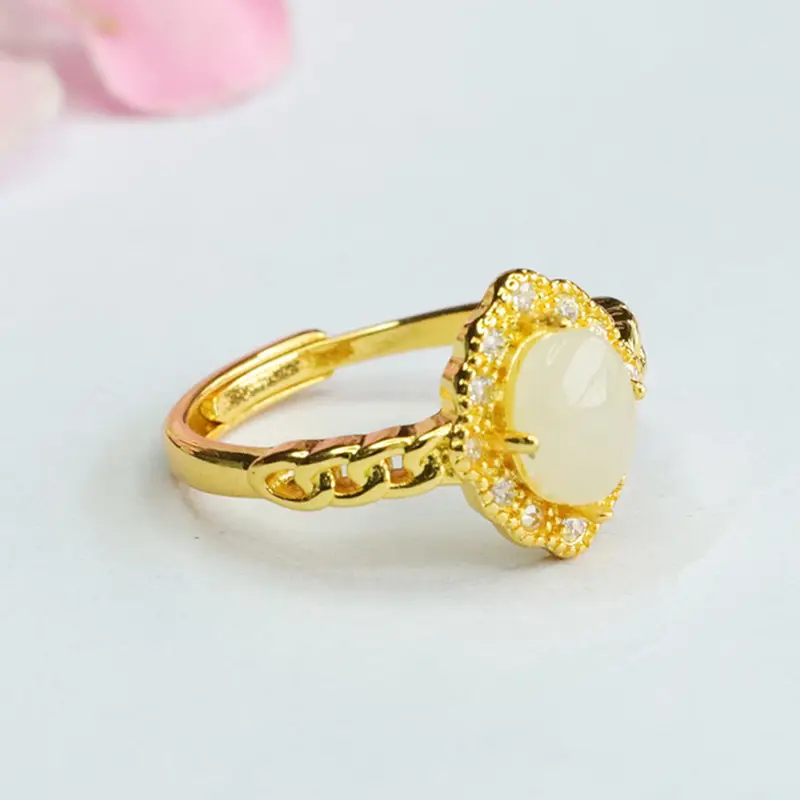 Guan Yu Jade Ring with Crystal Border Adjustable Gold — feature 5