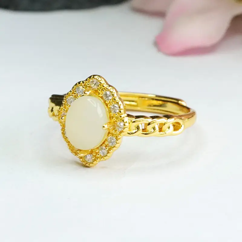 Guan Yu Jade Ring with Crystal Border Adjustable Gold — feature 9