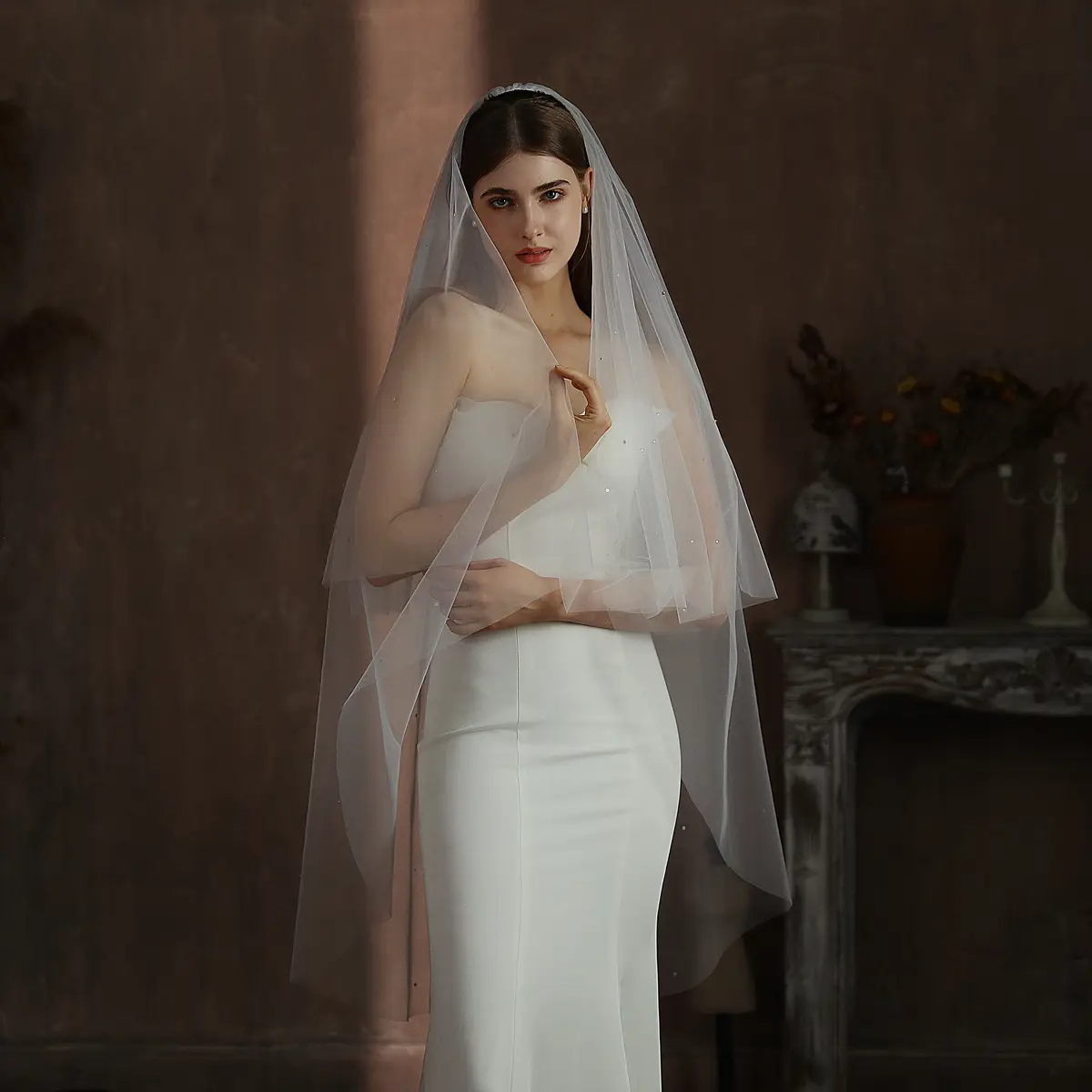 White Diamond Double-Layer Bridal Veil with Hair Comb - Image 3