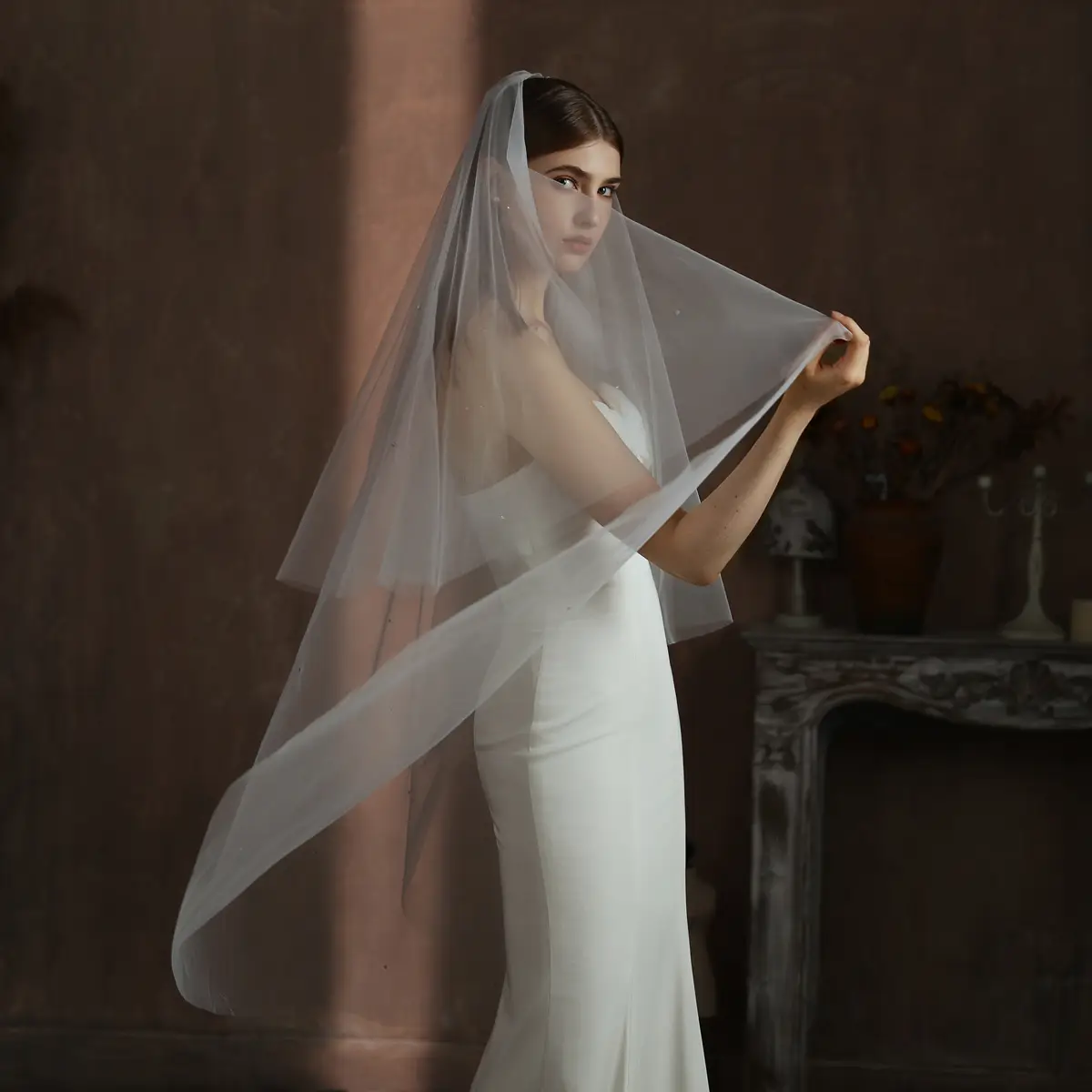 White Diamond Double-Layer Bridal Veil with Hair Comb - Image 4