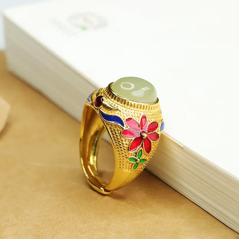 Aiyu Jade Ring Clear Water Gold Embroidered Floral Design