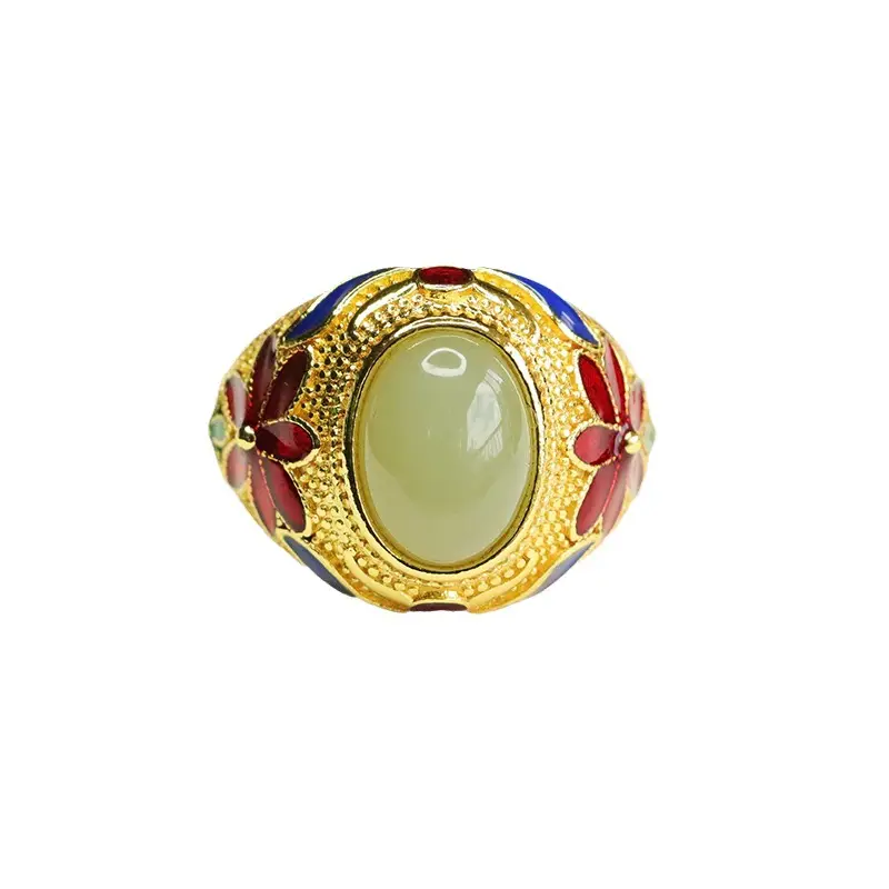 Aiyu Jade Ring Clear Water Gold Embroidered Floral Design
