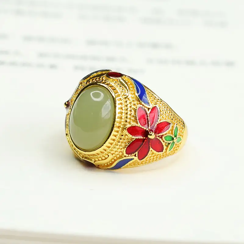 Aiyu Jade Ring Clear Water Gold Embroidered Floral Design — feature 13
